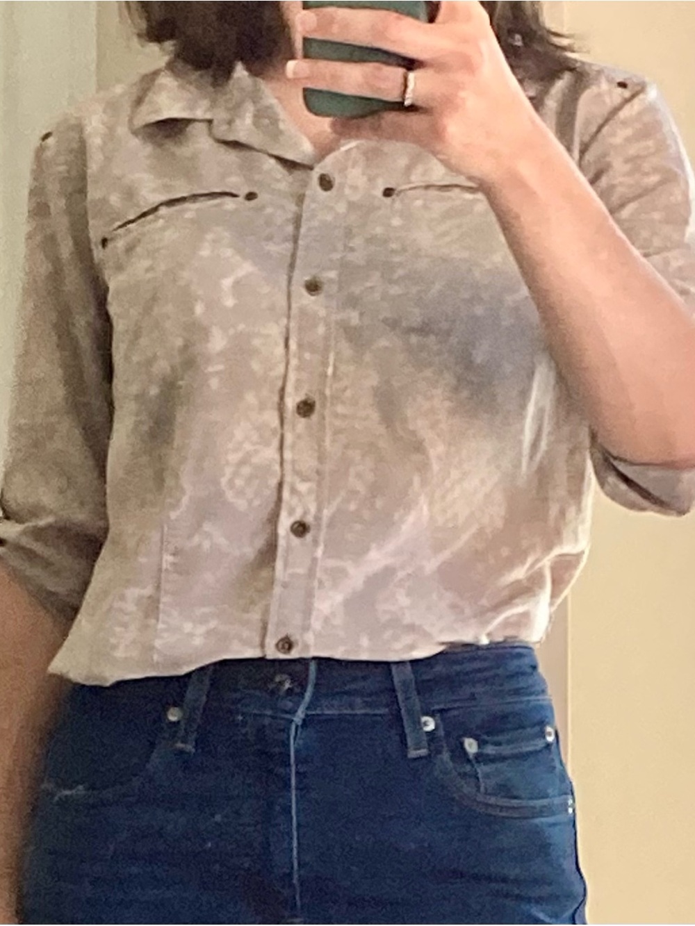 Soft Gray/Tan Calvin Klein Button-Down Blouse.